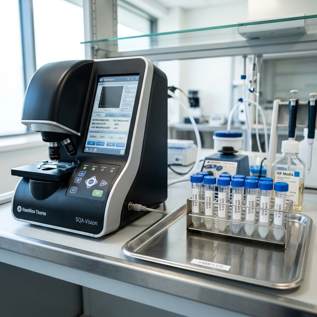 Close-up of high-tech andrology laboratory equipment for male fertility testing