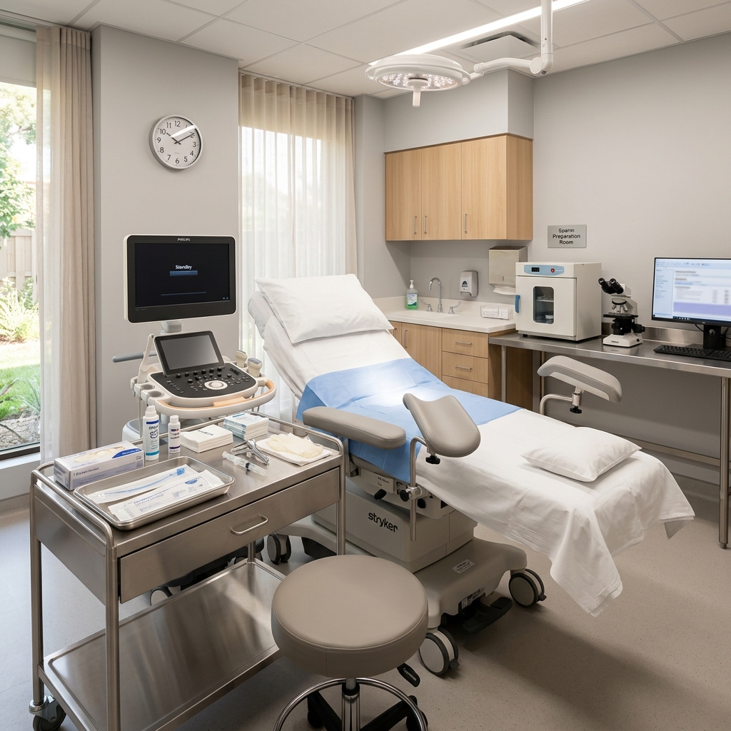 Modern fertility clinic procedure room prepared for an IUI treatment